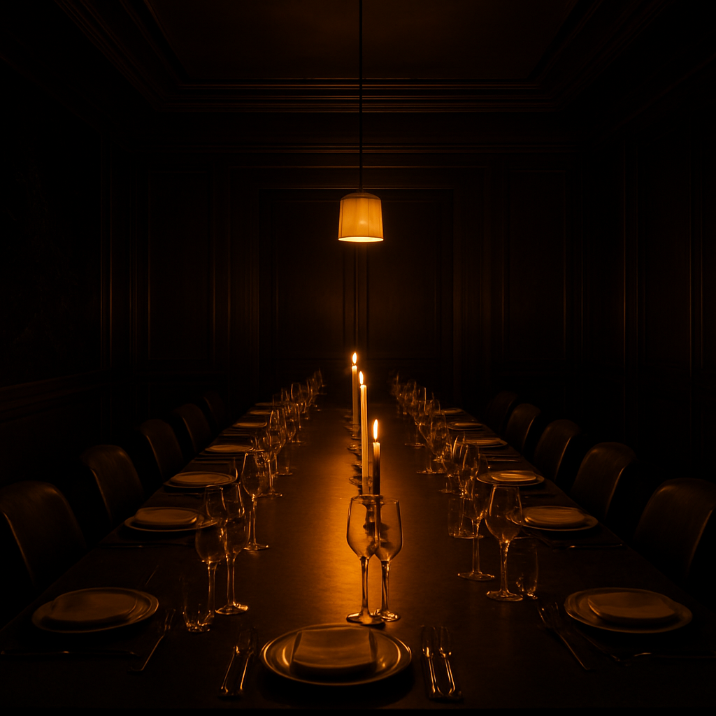 An intimate, candlelit private dining table set for a Velaris sports investor dinner